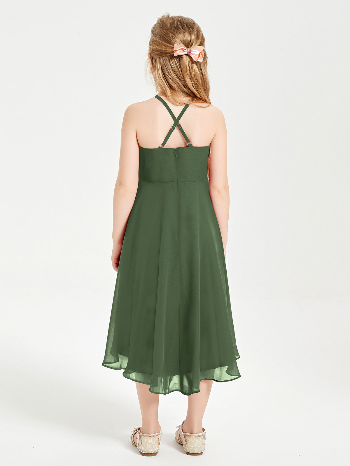 Tea Length Junior Bridesmaid Dresses with Asymmetrical Skirts Olive Green